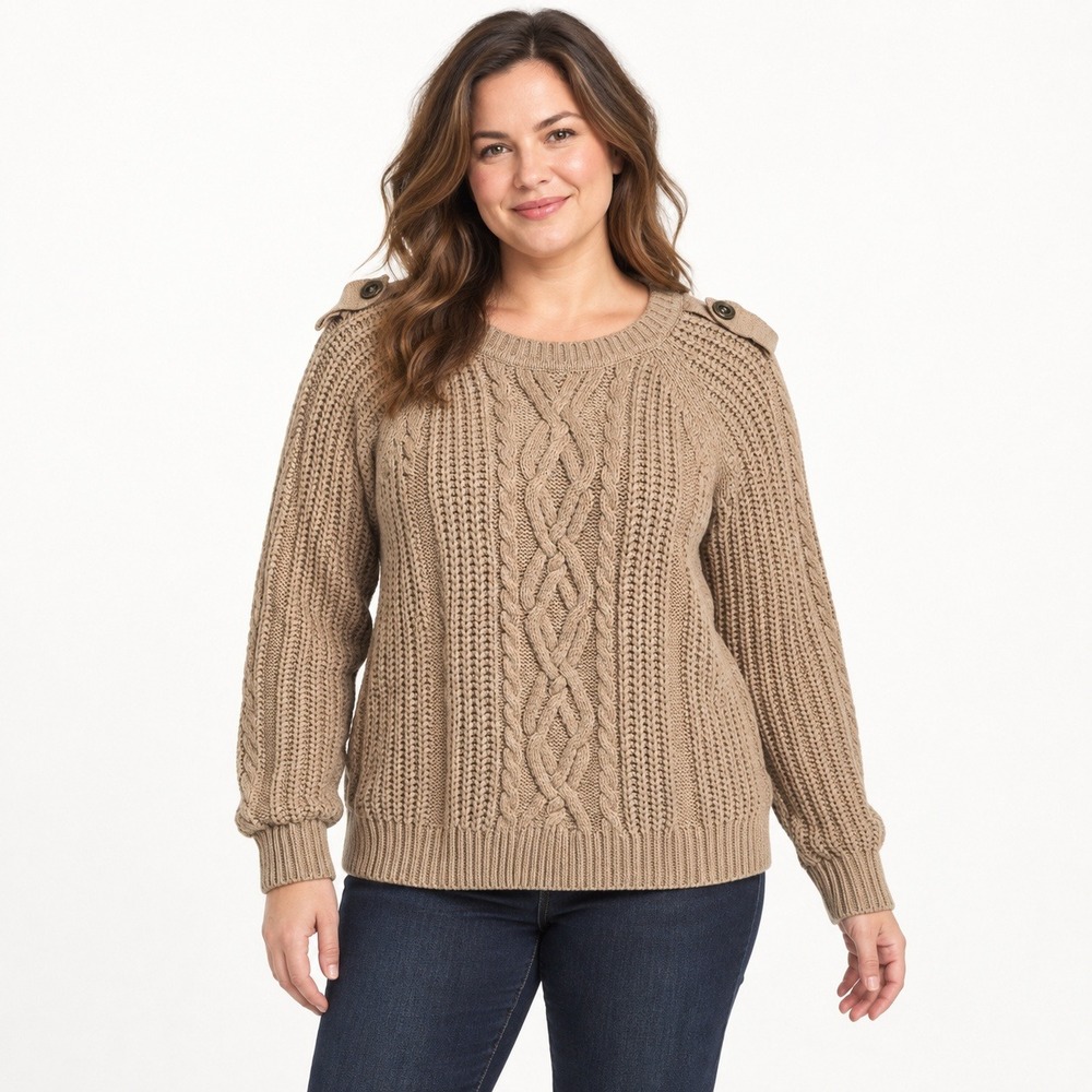 Worthington Womens XL Taupe Chunky Cable Knit Sweater Button Shoulder Tabs